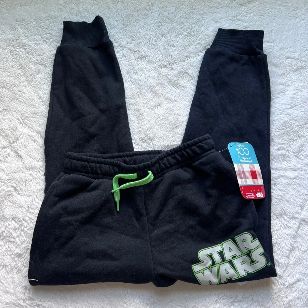 Disney 100 Star Wars Joggers Black Neon Green Logo Sweatpants‎ Kids Small NWT